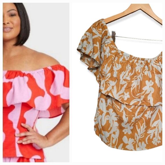 NWT Ava & Viv Ruffle Off the Shoulder Blue & Gold Top size 2X - Picture 3 of 6